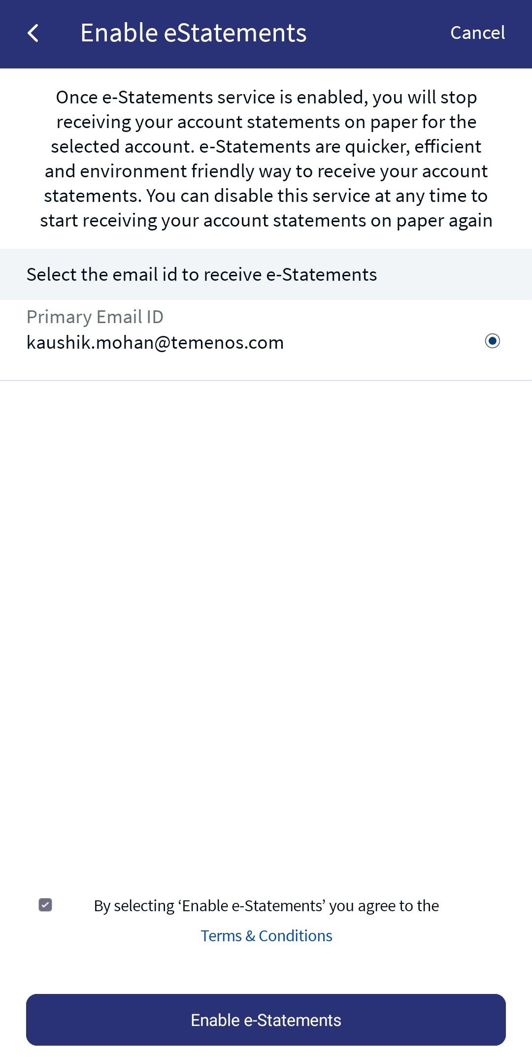 Enable e Statements for Terms and Conditions
